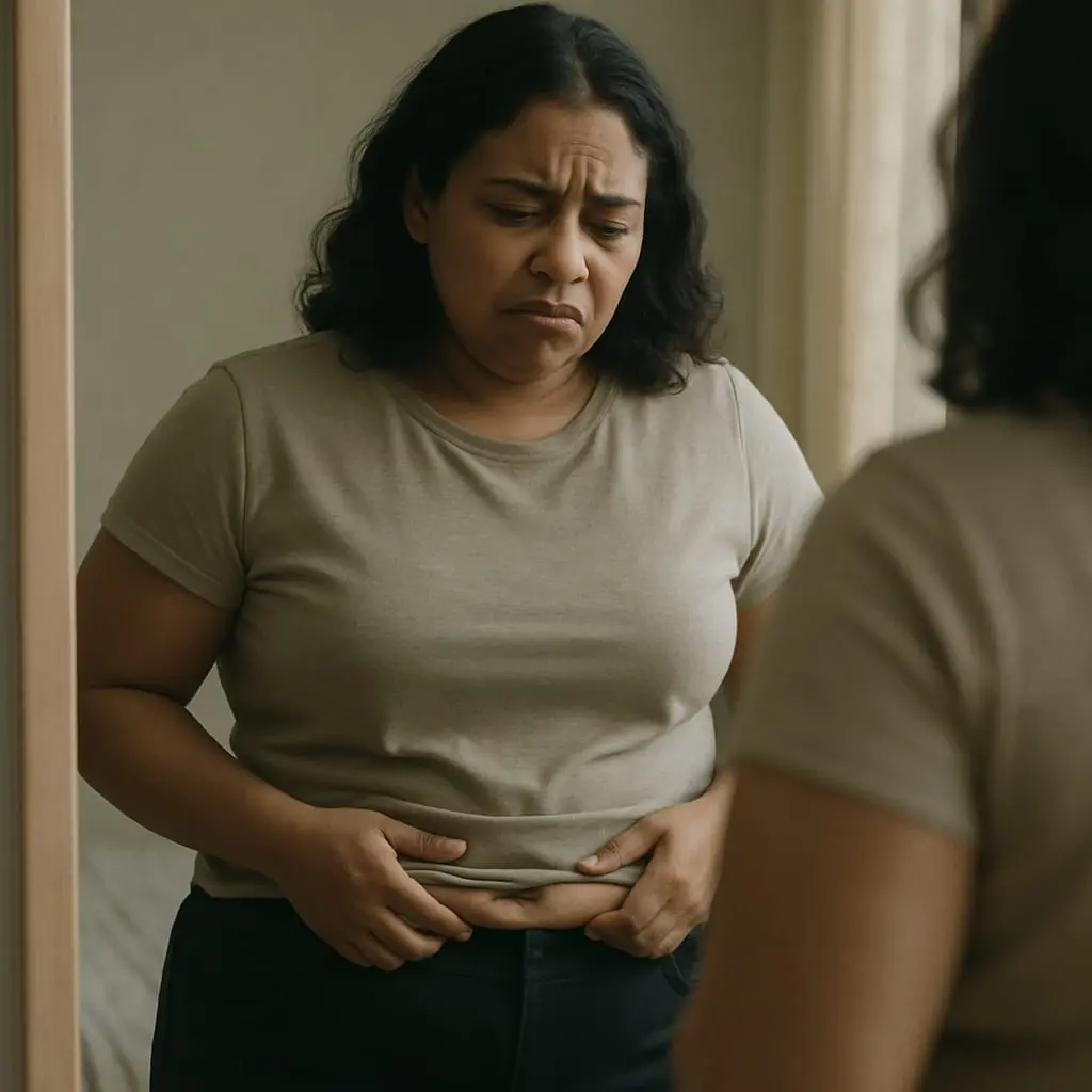 Mulher com preocupações sobre sua silhueta